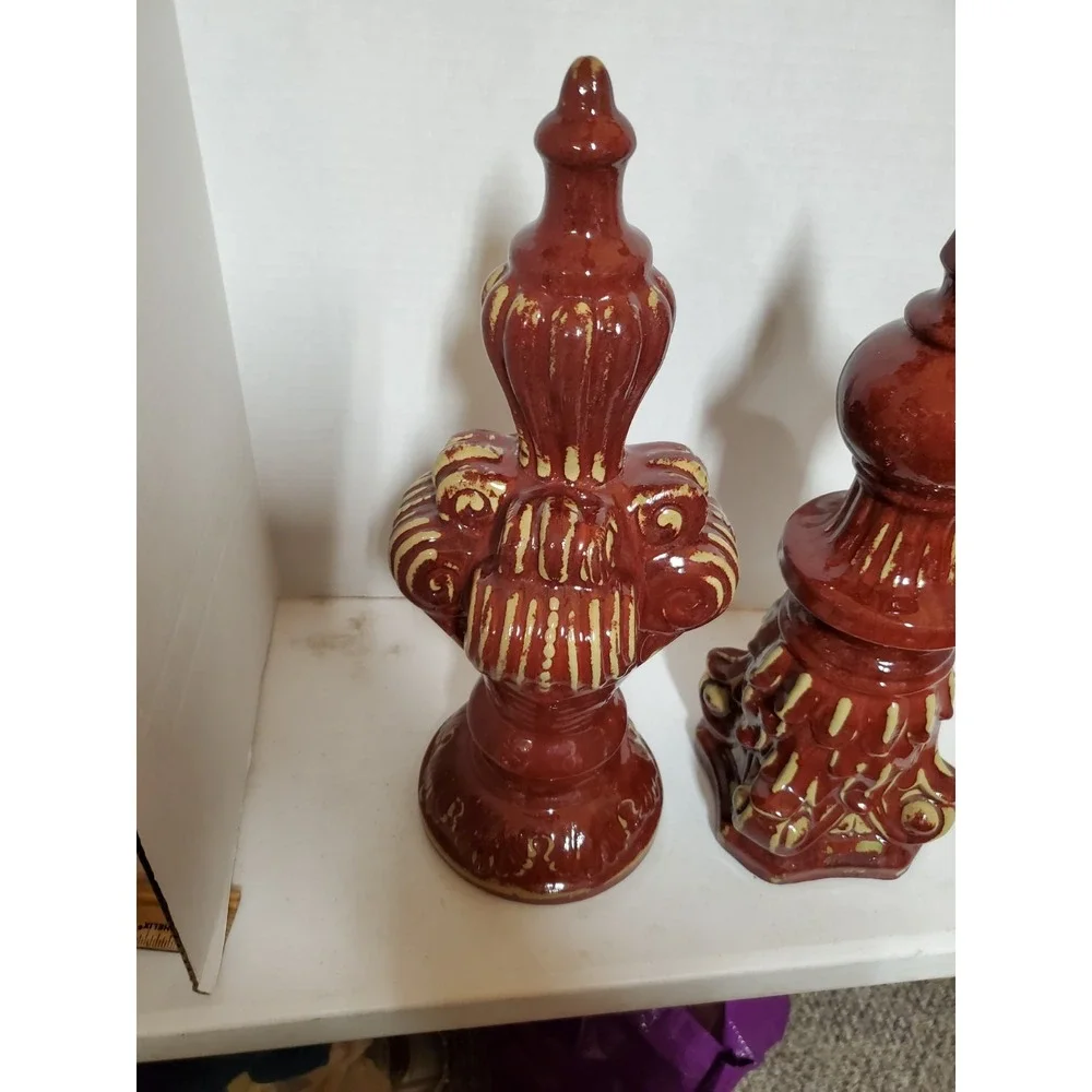 Vintage Set Decorative Finial Ceramic Burgundy Glaze 1 Has Repairs See Pics